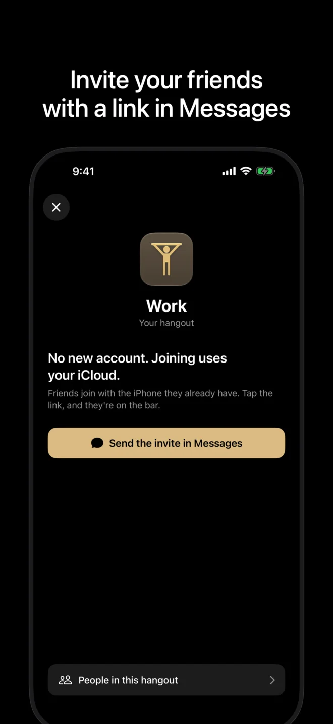 App Store screenshot captioned “Invite your friends with a link in Messages”: the invite screen for a Hangout called Work, with a Send the invite in Messages button.
