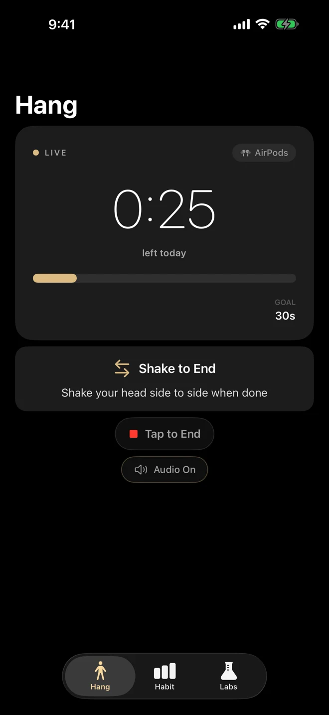 An active AirPods hang with the live timer and audio enabled